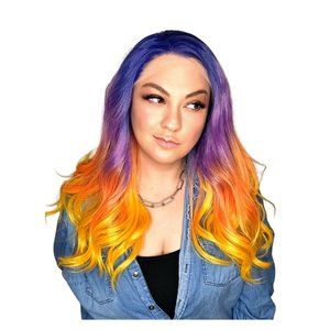 Purple Orange Yellow Ombre Synthetic Body Wave Long Lace Front Wig